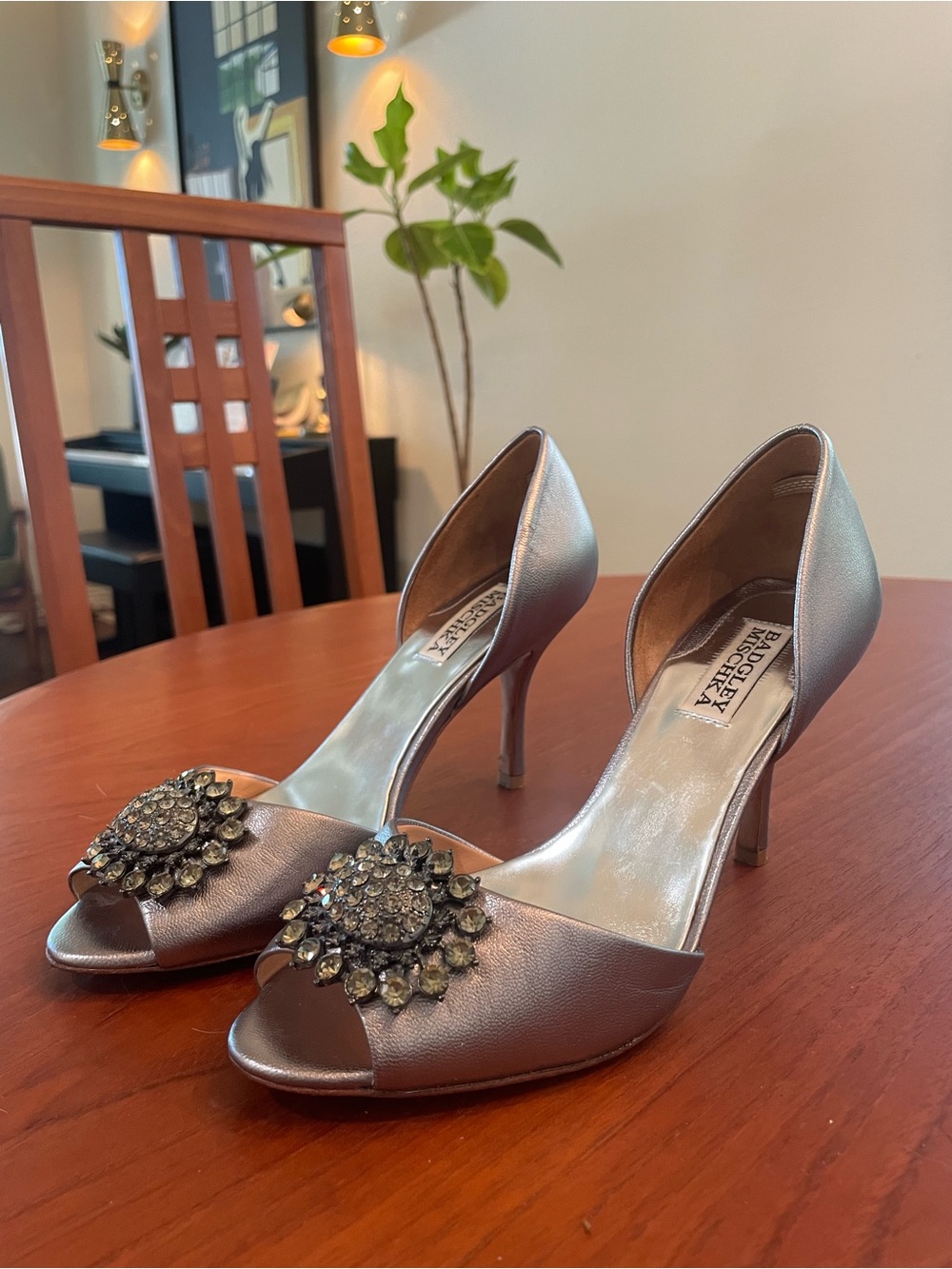 Badgley Mischka Silver Crystal-Embellished Open-Toe Heels